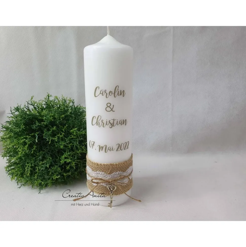 Hochzeitskerze im Vintagestil mit Juteband - Personalisiert mit Namen - Khaki oder Schwarz