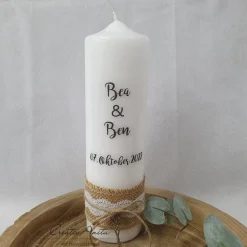 Hochzeitskerze im Vintagestil mit Juteband - Personalisiert mit Namen - Schwarz