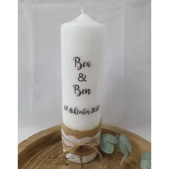 Hochzeitskerze im Vintagestil mit Juteband - Personalisiert mit Namen - Schwarz