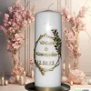 Hochzeitskerze in Elfenbein, personalisierbar mit Blattranken in Gold und Braun, modernes Hochzeitsgeschenk