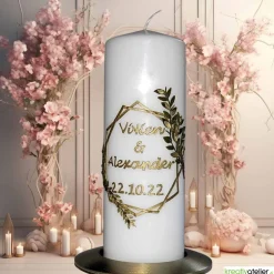 Hochzeitskerze in Elfenbein, personalisierbar mit Blattranken in Gold und Braun, modernes Hochzeitsgeschenk