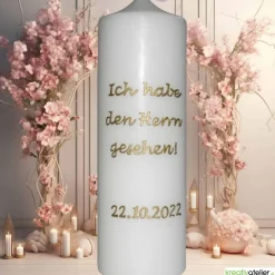 Hochzeitskerze in Elfenbein, personalisierbar mit Blattranken in Gold und Braun, modernes Hochzeitsgeschenk