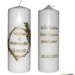 Hochzeitskerze in Elfenbein, personalisierbar mit Blattranken in Gold und Braun, modernes Hochzeitsgeschenk