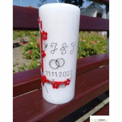 Hochzeitskerze mit Blumenranke, rot und silber, personalisierbar, ideale Hochzeitsdeko und Geschenk