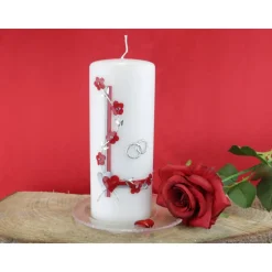 Hochzeitskerze mit Blumenranke, rot und silber, personalisierbar, ideale Hochzeitsdeko und Geschenk