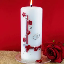 Hochzeitskerze mit Blumenranke, rot und silber, personalisierbar, ideale Hochzeitsdeko und Geschenk