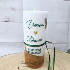 Hochzeitskerze mit echtem Holz und Teelichteinsatz, Ranken Dunkelgrün Gold