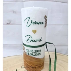 Hochzeitskerze mit echtem Holz und Teelichteinsatz, Ranken Dunkelgrün Gold