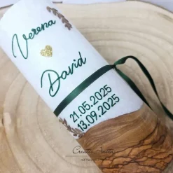 Hochzeitskerze mit echtem Holz und Teelichteinsatz, Ranken Dunkelgrün Gold