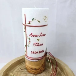 Hochzeitskerze mit echtem Holz mit/ohne Teelichteinsatz Kreuz, Blätterranke -Bordeaux-Gold-