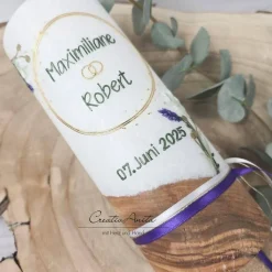 Hochzeitskerze mit echtem Holz mit/ohne Teelichteinsatz -Lavendel-