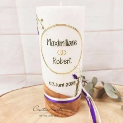 Hochzeitskerze mit echtem Holz mit/ohne Teelichteinsatz -Lavendel-