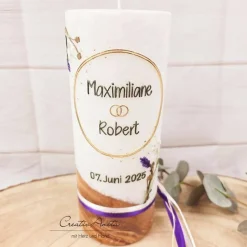 Hochzeitskerze mit echtem Holz mit/ohne Teelichteinsatz -Lavendel-