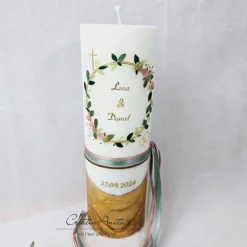 Hochzeitskerze mit echtem Holz und Teelichteinsatz -Blütenkranz- Altrosa-Gold