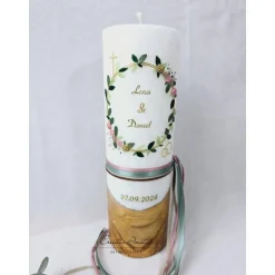 Hochzeitskerze mit echtem Holz und Teelichteinsatz -Blütenkranz- Altrosa-Gold
