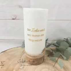 Hochzeitskerze mit echtem Holz mit/ohne Teelichteinsatz, Blätter Gold-Grün
