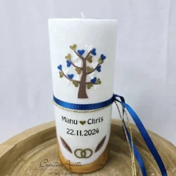 Hochzeitskerze mit echtem Holz und Teelichteinsatz, Lebensbaum blau-braun-gold