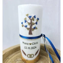 Hochzeitskerze mit echtem Holz und Teelichteinsatz, Lebensbaum blau-braun-gold