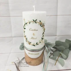 Hochzeitskerze mit echtem Holz und Teelichteinsatz -Blütenkranz- Gold