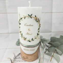Hochzeitskerze mit echtem Holz und Teelichteinsatz -Blütenkranz- Gold