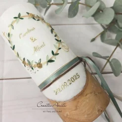 Hochzeitskerze mit echtem Holz und Teelichteinsatz -Blütenkranz- Gold