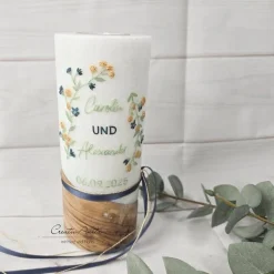 Hochzeitskerze mit echtem Holz und Teelichteinsatz, Blumen Gold-Blau-Eukalypthus