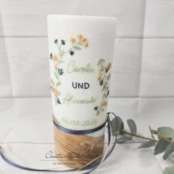 Hochzeitskerze mit echtem Holz und Teelichteinsatz, Blumen Gold-Blau-Eukalypthus