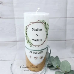 Hochzeitskerze mit echtem Holz mit/ohne Teelichteinsatz -Geometric Style- grün-braun