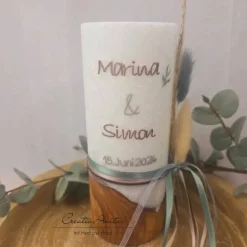 Hochzeitskerze mit echtem Holz mit/ohne Teelichteinsatz, Braun-Taupe-Blau