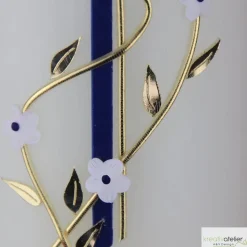 Hochzeitskerze mit Enzian-Kreuz, personalisierbar, elfenbein mit goldenen Trauringen und Blütenranke, Hochzeitsdeko