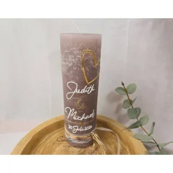Hochzeitskerze -Modern heart- in taupe-gold mit Spitzenband, Jute und Perlen - mit/ohne Teelichteinsatz - Personalisiert