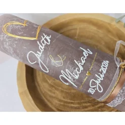 Hochzeitskerze -Modern heart- in taupe-gold mit Spitzenband, Jute und Perlen - mit/ohne Teelichteinsatz - Personalisiert