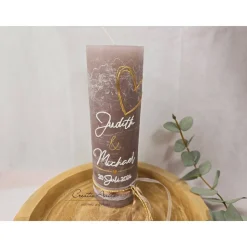 Hochzeitskerze -Modern heart- in taupe-gold mit Spitzenband, Jute und Perlen - mit/ohne Teelichteinsatz - Personalisiert