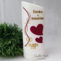 Hochzeitskerze Perlmutt geriffelt - Ellipse abgeschrägt mit Herzen - BEERE-GOLD