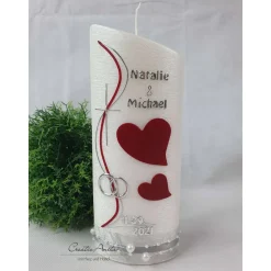 Hochzeitskerze Perlmutt geriffelt - Ellipse abgeschrägt mit Herzen - BORDEAUX - Gold oder Silber