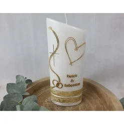 Hochzeitskerze Perlmutt geriffelt - Ellipse abgeschrägt mit modernem Herz in GOLD