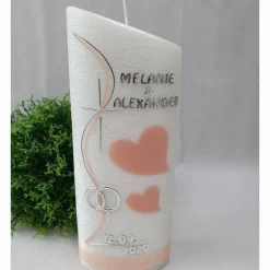 Hochzeitskerze Perlmutt geriffelt - Ellipse abgeschrägt mit Herzen - APRICOT-LACHS