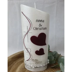 Hochzeitskerze Perlmutt geriffelt - Ellipse abgeschrägt mit Herzen - dunkles BORDEAUX - Silber