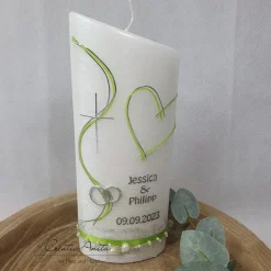 Hochzeitskerze Perlmutt geriffelt - Ellipse abgeschrägt mit Herzen -GRÜN LINE-