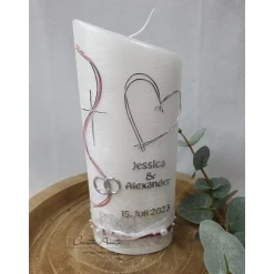 Hochzeitskerze Perlmutt geriffelt - Ellipse abgeschrägt mit Herzen -ALTROSA LINE-