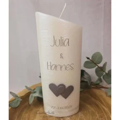 Hochzeitskerze Perlmutt geriffelt - Ellipse abgeschrägt mit Herzen - SILBER