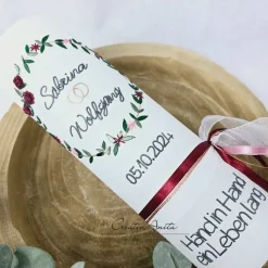 Hochzeitskerze Rustik - Blätterkranz - mit zarten Rosen und Blümchen, bordeaux-altrosa-roségold