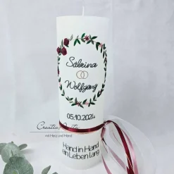 Hochzeitskerze Rustik - Blätterkranz - mit zarten Rosen und Blümchen, bordeaux-altrosa-roségold