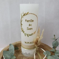 Hochzeitskerze Rustik - mit Blütenkreis gold, taupe und olive - FILIGRAN - mit/ohne Teelichteinsatz