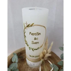 Hochzeitskerze Rustik - mit Blütenkreis gold, taupe und olive - FILIGRAN - mit/ohne Teelichteinsatz