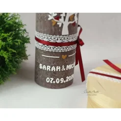Hochzeitskerze Rustik braun mit Baum in weiß-bordeaux-gold mit/ohne Teelichteinsatz