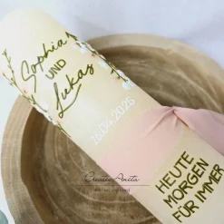 Hochzeitskerze Rustik creme groß - wahlweise mit/ohne Teelichteinsatz - mit Blumen in olive, weiß, rose