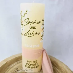 Hochzeitskerze Rustik creme groß - wahlweise mit/ohne Teelichteinsatz - mit Blumen in olive, weiß, rose