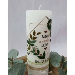 Hochzeitskerze Rustik grau mit Teelichteinsatz - Vintage Blätterkranz - Gold-Grün-Salbei-Eukalypthus-Natur