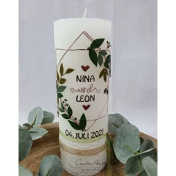 Hochzeitskerze Rustik grau mit Teelichteinsatz - Vintage Blätterkranz - Gold-Grün-Salbei-Eukalypthus-Natur